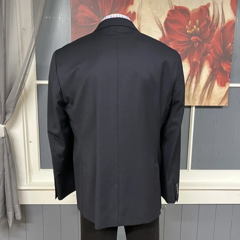 Egara Suit Jacket Blazer Mens 46R Slim Fit Wool Polyester Dark Navy Peak Lapel